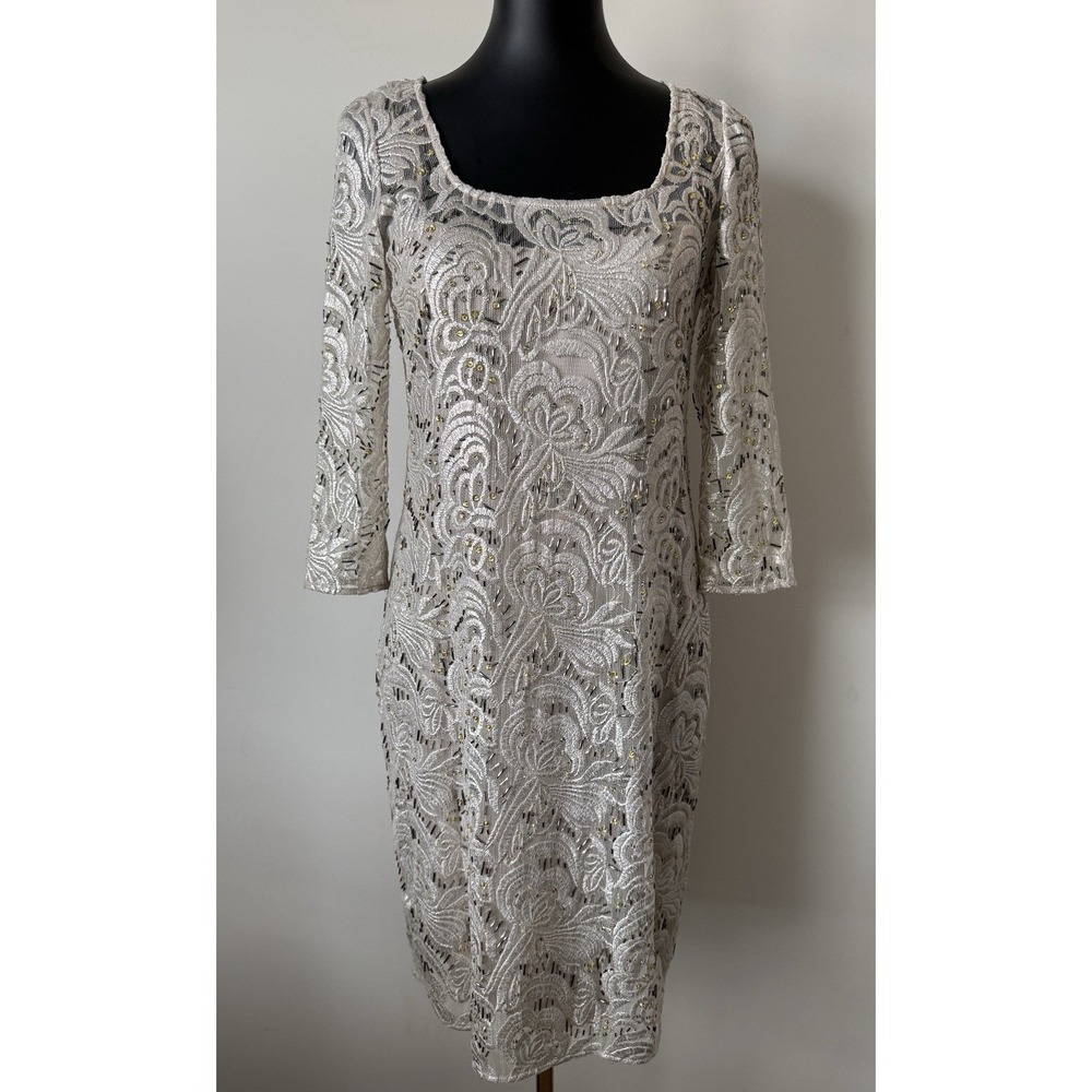 Kay Unger Women's 4 Beaded Metallic Lace Slip-Lined Wedding Cocktail Dress